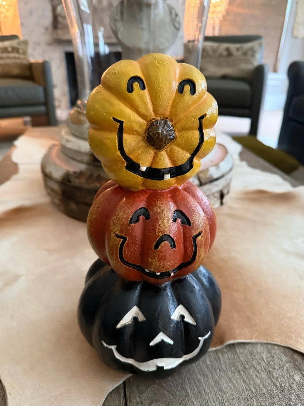 Stacked Pumpkin Smiles Halloween Table Accent - Yellow, Orange, Black